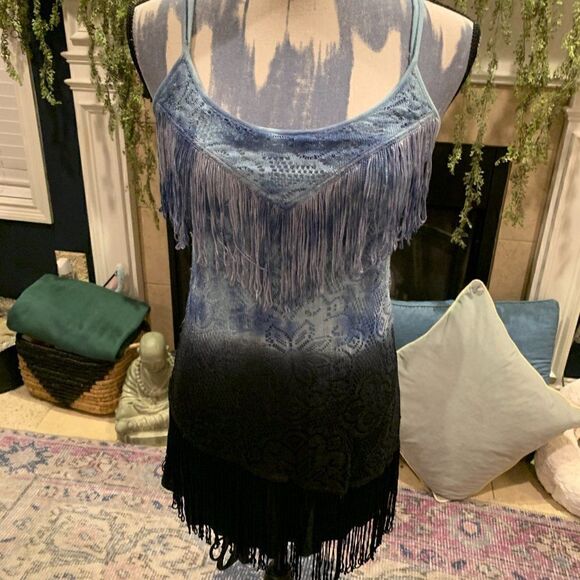 Free People light blue tie dye to ombre black lace cami with fringe accents 2 - Picture 14 of 16
